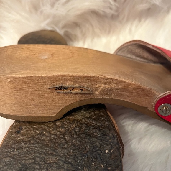 Dr Scholls Red Leather Sandals Sz 7 Womens Wood Slip On Shoes Vtg 70s 80s Italy - Picture 4 of 5